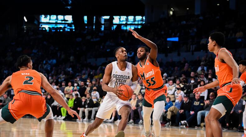 Georgia Tech forward Khalid Moore drives to the basket in the Yellow Jackets' loss to Miami Jan. 29, 2022 at McCamish Pavilion. (Anthony McClellan/Georgia Tech Athletics)