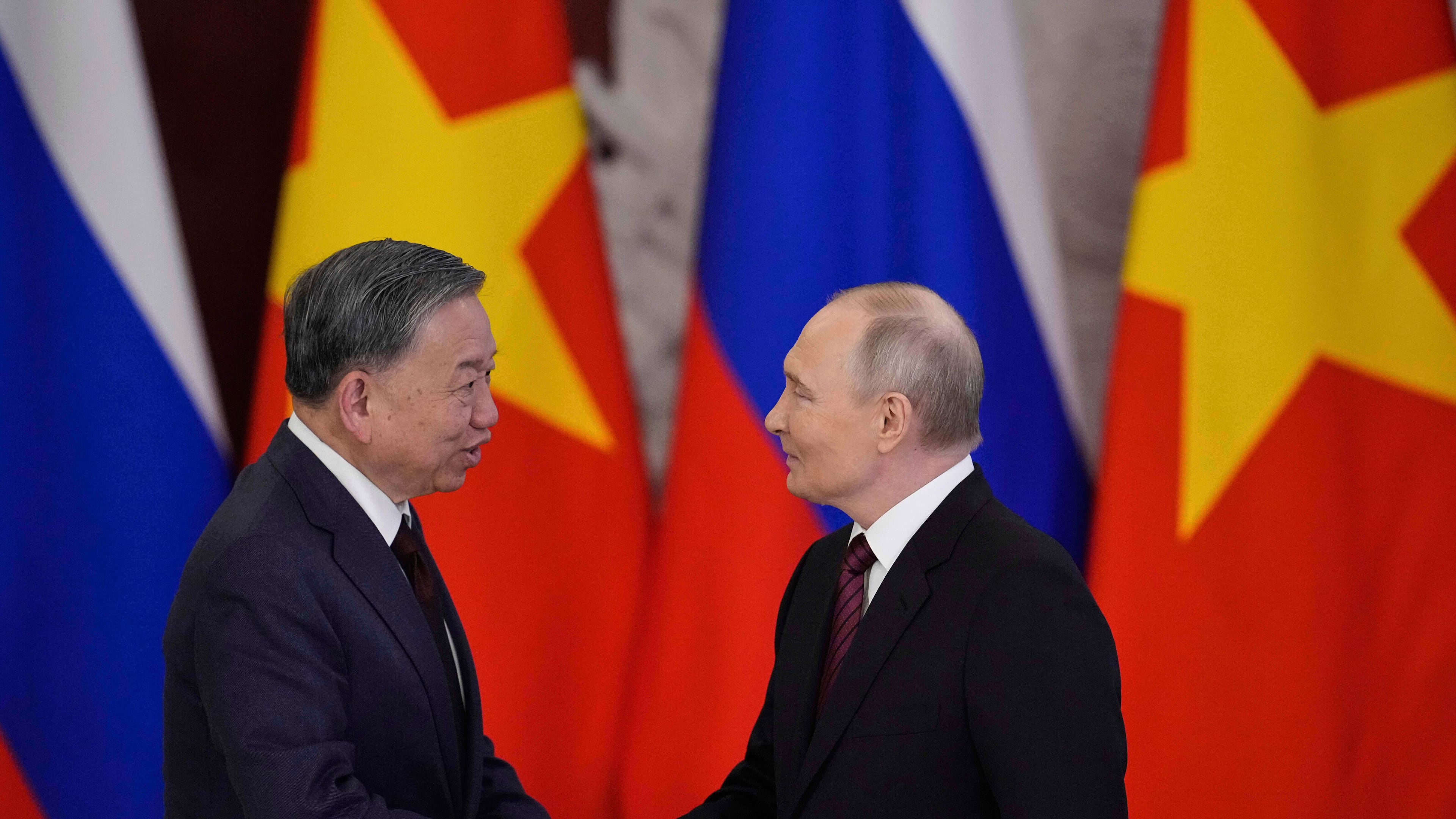 FILE - Russian President Vladimir Putin, right, and General Secretary of the Central Committee of the Communist Party of Vietnam To Lam shake hands after a signing ceremony following their meeting at the Kremlin in Moscow, Russia, on May 10, 2025, during celebrations of the 80th anniversary of the Soviet Union's victory over Nazi Germany during the World War II. (AP Photo/Pavel Bednyakov, File)