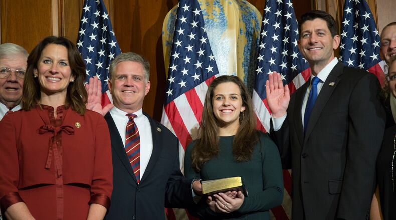 House Speaker Paul Ryan of Wis. administers the House oath of office to Rep. Drew Ferguson, R-Ga., during a mock swearing in ceremony on Jan. 3, 2017. (AP Photo/Zach Gibson)