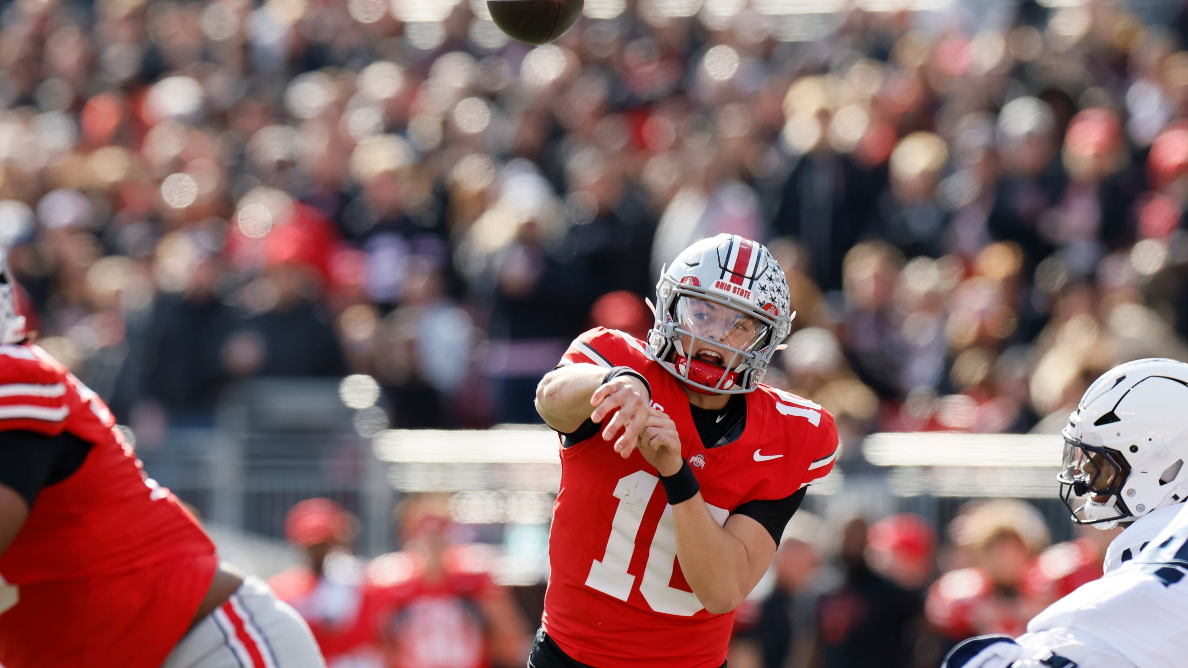 Ohio State quarterback Julian Sayin throws a pass against Penn State during the second half of an NCAA college football game, Saturday, Nov. 1, 2025, in Columbus, Ohio. (AP Photo/Jay LaPrete)