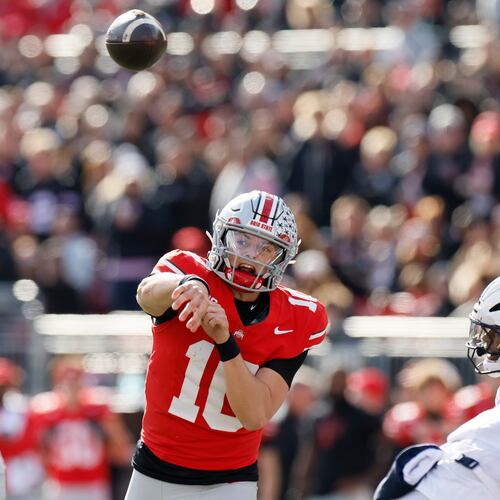 Ohio State quarterback Julian Sayin throws a pass against Penn State during the second half of an NCAA college football game, Saturday, Nov. 1, 2025, in Columbus, Ohio. (AP Photo/Jay LaPrete)