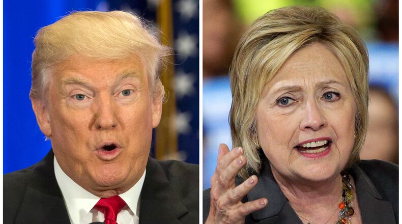 This photo combo of file images shows U.S. presidential candidates Donald Trump, left, and Hillary Clinton. Income inequality has been a rallying cry of the 2016 election, with more Americans turning fearful and angry about a shrinking middle class. Trump has pledged to restore prosperity by ripping up trade deals and using tariffs to return manufacturing jobs from overseas. Clinton has backed a debt-free college option and higher minimum wages to help the middle class. (AP Photo/Mary Altaffer, Chuck Burton)