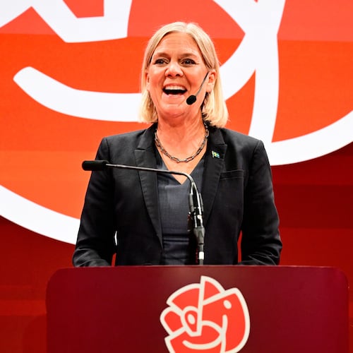 Social Democrats party leader Magdalena Andersson speaks during the Social Democrats' election night watch party, Sunday, Sept. 13, 2026, in Stockholm. (Jonas Ekströmer/TT News Agency via AP)