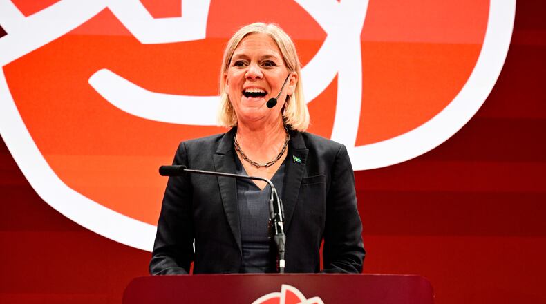 Social Democrats party leader Magdalena Andersson speaks during the Social Democrats' election night watch party, Sunday, Sept. 13, 2026, in Stockholm. (Jonas Ekströmer/TT News Agency via AP)