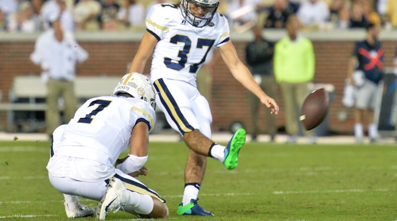 October 21, 2017 Atlanta - Georgia Tech place kicker Brenton King (37) hits a field goal at the end of second quarter of an NCAA college football game at Bobby Dodd Stadium on Saturday, October 21, 2017. Georgia Tech beat Wake Forest 38-24. HYOSUB SHIN / HSHIN@AJC.COM