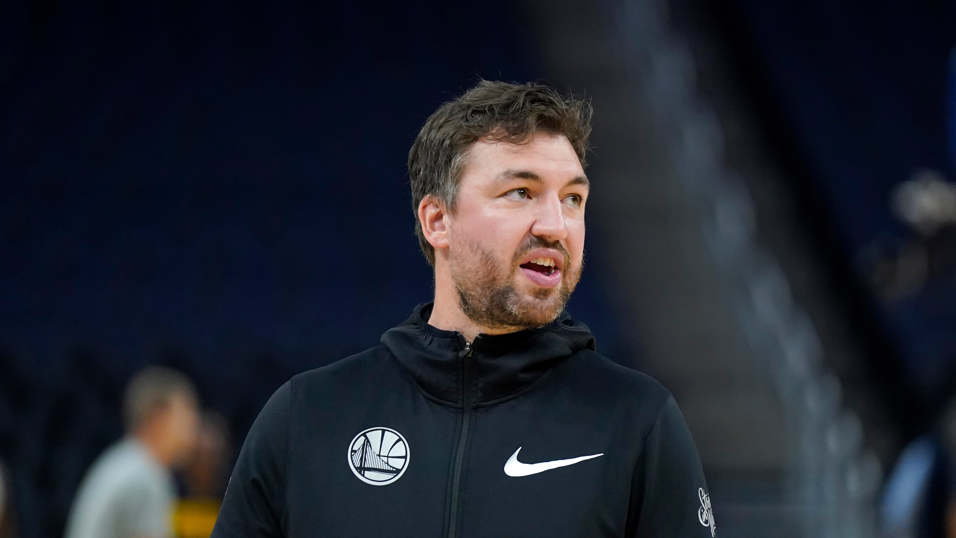 FILE - Golden State Warriors assistant coach Chris DeMarco stands before an NBA preseason basketball game against the Denver Nuggets in San Francisco, Oct. 14, 2022. (AP Photo/Jeff Chiu, File)