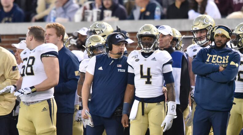 Georgia Tech head coach Geoff Collins instructs Georgia Tech quarterback James Graham (4) during the second half of an NCAA college football game at Bobby Dodd Stadium on Saturday, November 16, 2019. Virginia Tech won 45-0 over the Georgia Tech. (Hyosub Shin / Hyosub.Shin@ajc.com)