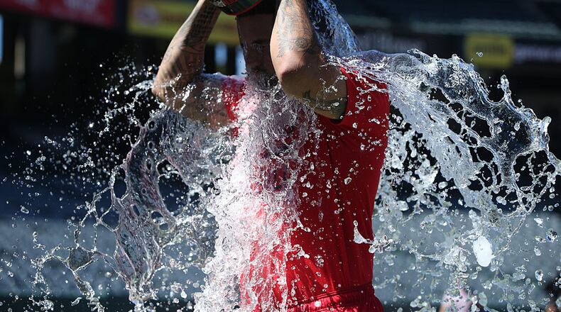 Angels pitcher Hector Santiago took the ALS Ice Bucket Challenge before a game against the Cleveland Indians in August 2015.