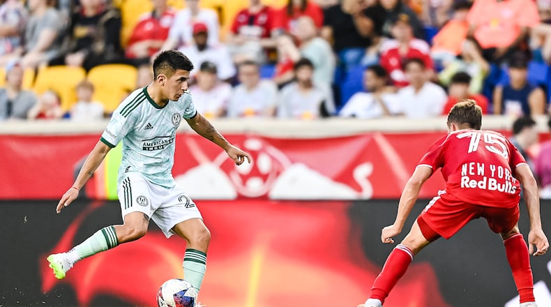 Atlanta United midfielder Thiago Almada #23 kicks the bal during the match against New York Red Bulls at Red Bull Arena in Harrison, NJ on Saturday June 24, 2023. (Photo by Mitchell Martin/Atlanta United)