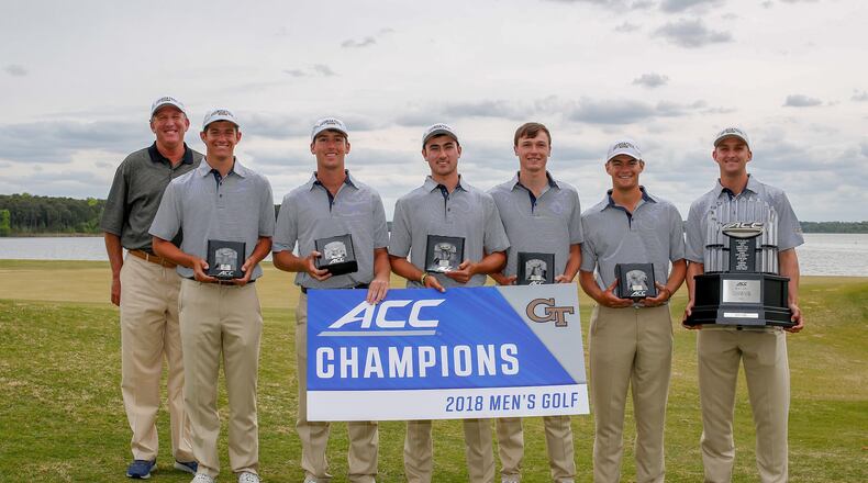 Georgia Tech holds their trophies after winning the the 2018 ACC Mens Golf Championship in New London, N.C., Sunday April 22, 2018. (Photo by Nell Redmond, theACC.com)