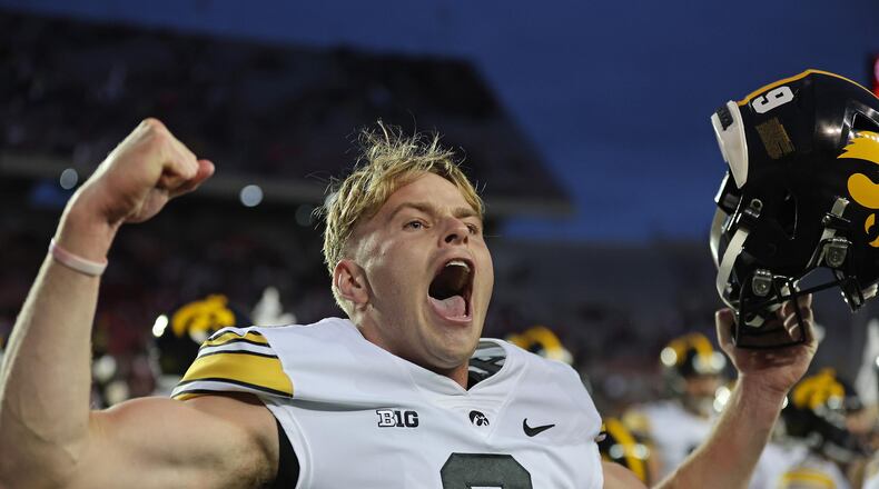 Iowa's Tory Taylor (9) celebrates after a 15-6 win against Wisconsin at Camp Randall Stadium on Oct. 14, 2023, in Madison, Wisconsin. (Stacy Revere/Getty Images/TNS)