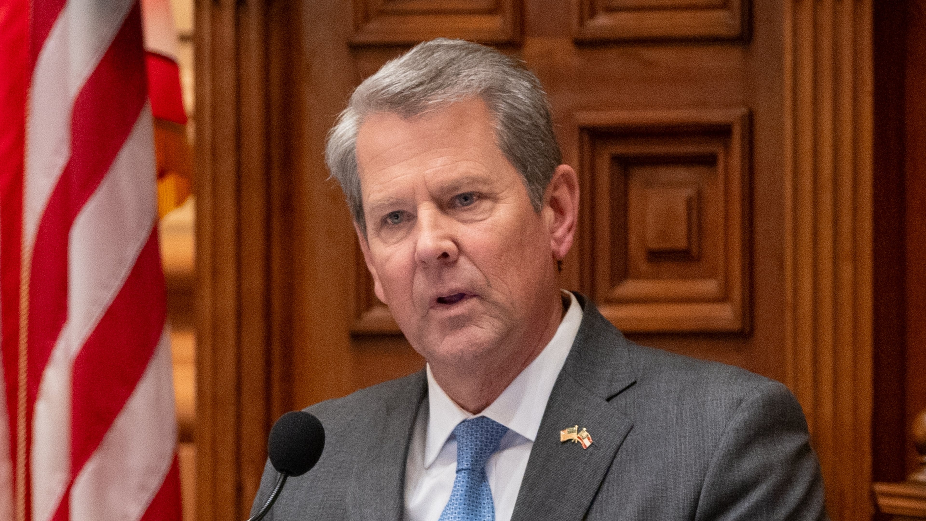 Gov. Brian Kemp explained his reasons for supporting U.S. Senate candidate Derek Dooley in a private donor call Friday. (Arvin Temkar/AJC)