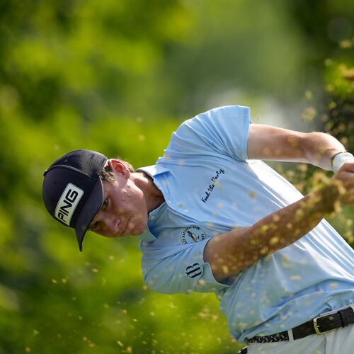 Mason Howell tees off on the 13th hole during the first round of the U.S. Open golf tournament at Oakmont Country Club Thursday, June 12, 2025, in Oakmont, Pa. (AP Photo/Carolyn Kaster)