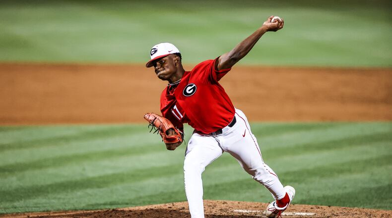 Georgia pitcher Jaden Woods (17) during a game against Auburn at Foley Field in Athens on Friday, April 30, 2021. (Photo by Tony Walsh/UGA Athletics)