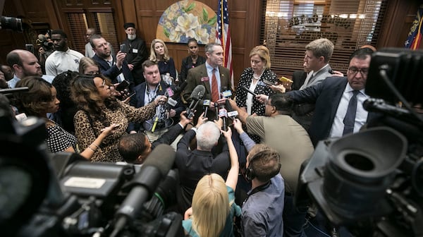 May 7, 2019 - Atlanta -  Rep. Ed Setlzer, R-Acworth, and Sen. Renee Unterman, R - Buford,  answer questions from the media after the signing.   Gov. Brian Kemp signed HB 481,  the "heartbeat bill" on Tuesday, setting the stage for a legal battle as the state attempts to outlaw most abortions after about six weeks of pregnancy.  The bill, sponsored by Rep. Ed Setlzer, R-Acworth, and carried in the Senate by Sen. Renee Unterman, R - Buford, outlaws most abortions once a doctor can detect a fetus' heartbeat - usually around six weeks of pregnancy.   Bob Andres / bandres@ajc.com