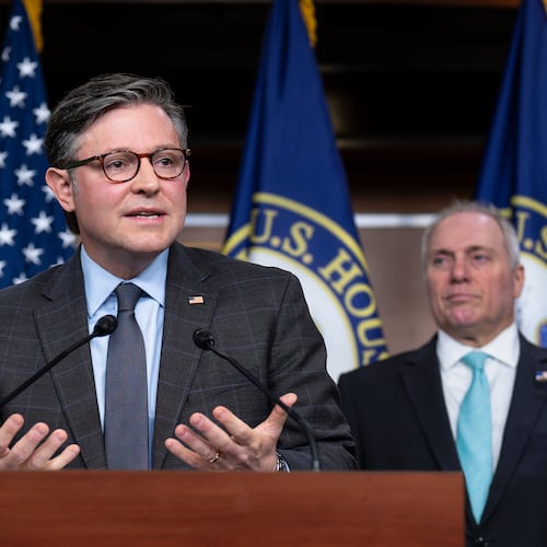 With election season getting underway, Speaker of the House Mike Johnson, R-La., center, flanked by Rep. Lisa McClain, R-Mich., left, and House Majority Leader Steve Scalise, R-La., praises the policies of President Donald Trump as he meets with reporters ahead of a vote on a stopgap funding bill and a resolution targeting socialist policies, during a news conference at the Capitol in Washington, Tuesday, Sept. 1, 2026. (AP Photo/J. Scott Applewhite)