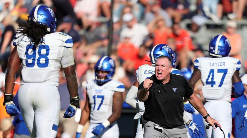 Georgia State coach Shawn Elliott reacts after the defense stops Auburn on Saturday, Sept. 25, 2021, in Auburn, Ala. (AP Photo/Butch Dill)