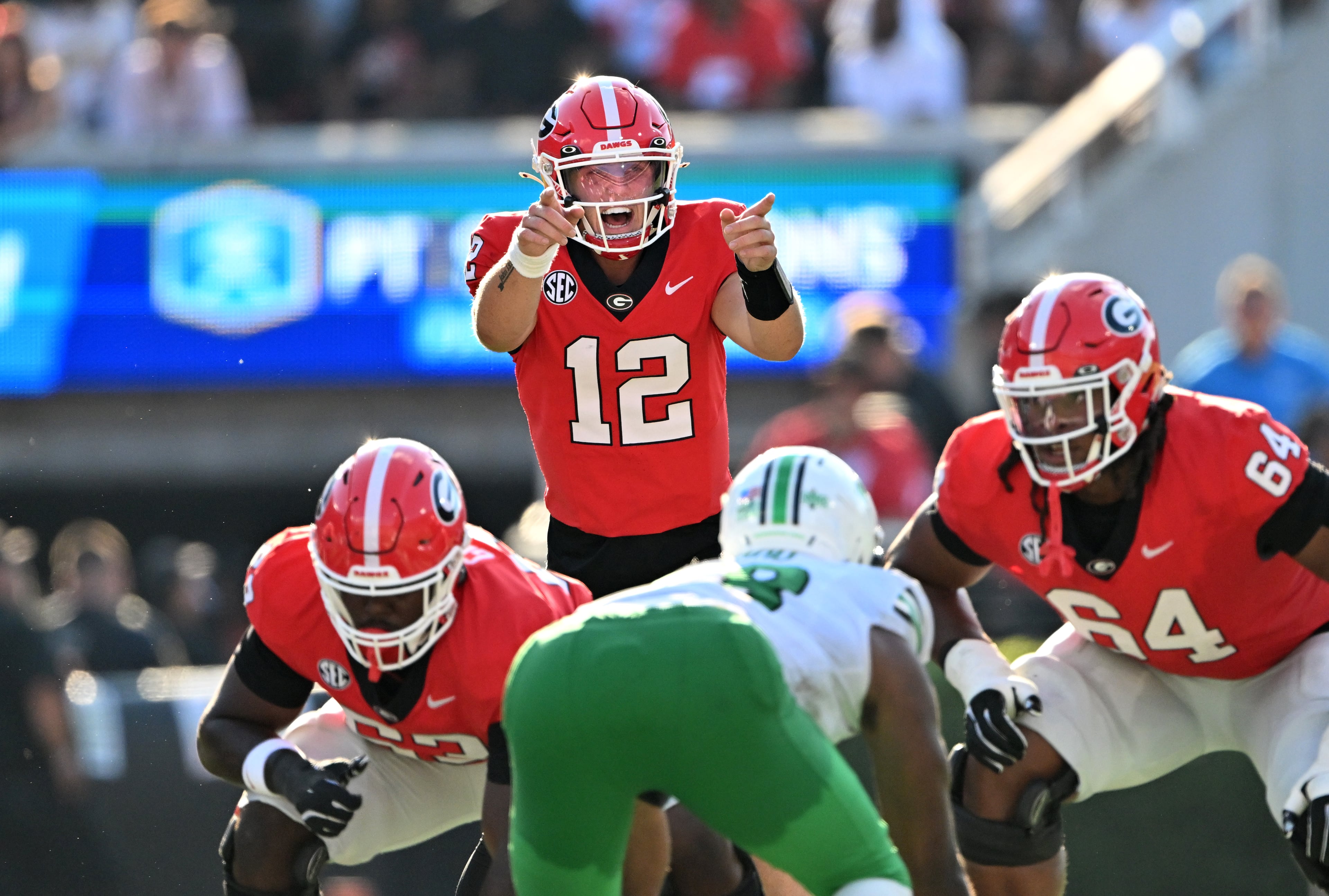 Georgia quarterback Ryan Puglisi (12) shouts instructions during the second half in an NCAA football game at Sanford Stadium, Saturday, August 30, 2025, in Athens. Georgia won 45-7 overMarshall. (Hyosub Shin / AJC)