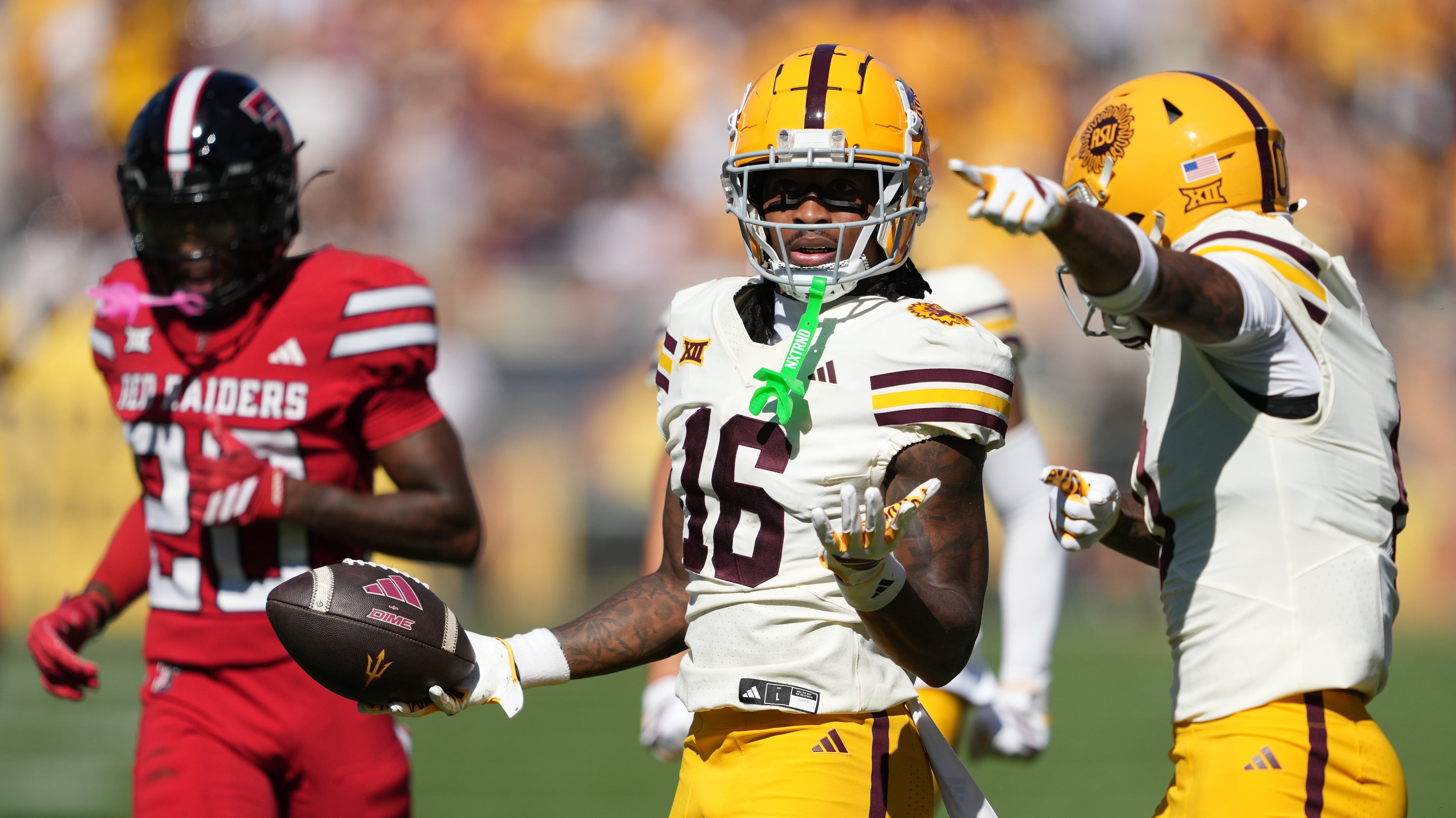 Arizona State wide receiver Jaren Hamilton (16) reacts after making a catch against Texas Tech in the first half of an NCAA college football game, Saturday, Oct. 18, 2025, in Tempe, Ariz. (AP Photo/Rick Scuteri)