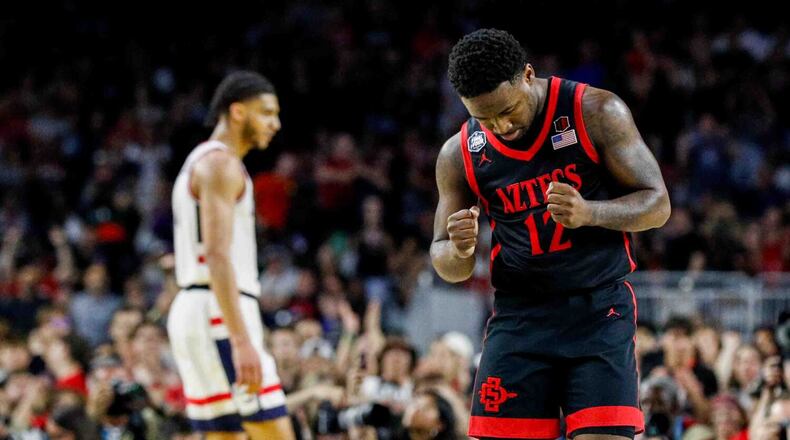 San Diego State guard Darrion Trammell reacts during the second half of the national championship game of the 2023 NCAA Men's Basketball Tournament. San Diego State is one of eight men's college basketball teams that will participate in the first Players Era Tournament. (Meg McLaughlin/The San Diego Union-Tribune/TNS)