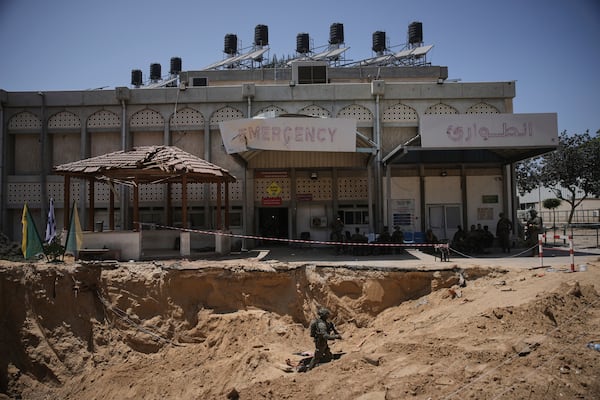 Israeli soldiers take up position at the European Hospital in Khan Younis, southern Gaza, where the military claims that Hamas militants operated in a tunnel beneath the facility, on Sunday, June 8, 2025. (AP Photo/Ohad Zweigenberg)