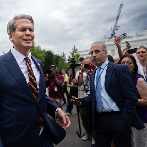 Treasury Secretary Scott Bessent walks past reporters following an interview with Fox News outside the White House, Thursday, July 30, 2026, in Washington. (AP Photo/Julia Demaree Nikhinson)