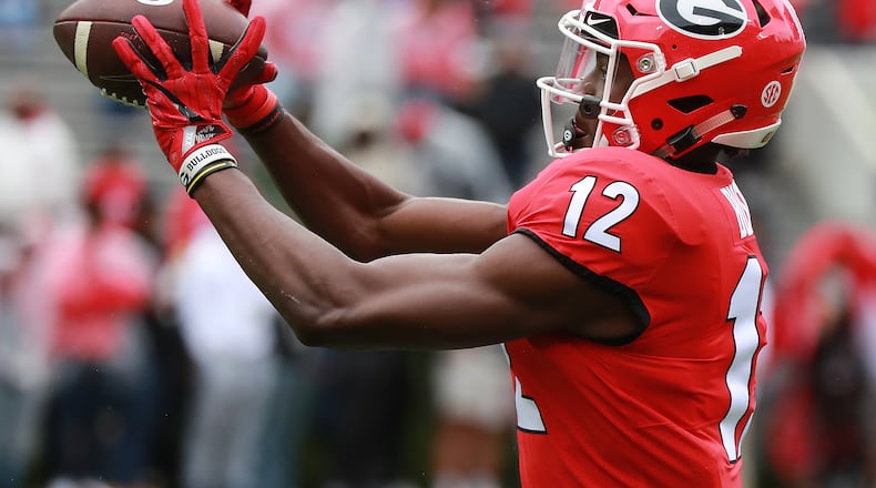 Georgia wide receiver Tommy Bush catches a pass during the annual G-Day football game on Saturday, April 20, 2019, in Athens. Curtis Compton/ccompton@ajc.com