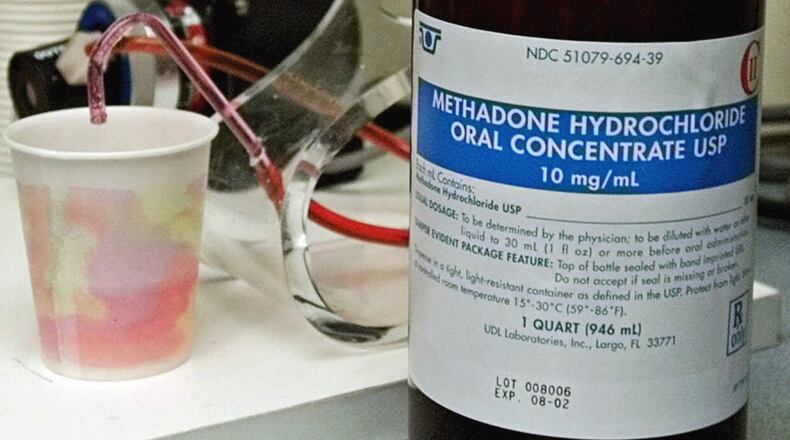 A patient’s daily dose of methadone, seen in Sacramento, Calif., clinic, Monday, Oct. 3, 2000, is dispensed by computer measurement into a small cup to be taken orally. Methadone suppresses withdrawal symptoms and curbs the craving for heroin. (AP Photo/Rich Pedroncelli)