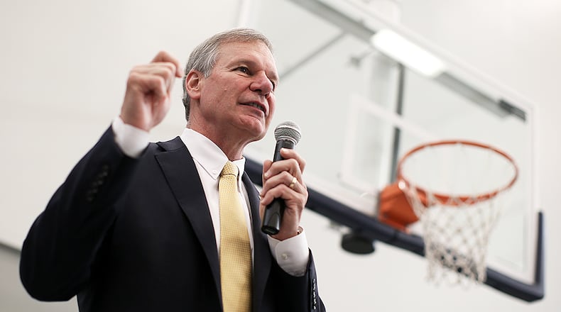 Georgia Tech president Bud Peterson speaks to undergraduate candidates before the Spring 2016 Commencement at the McCamish Pavilion, Saturday, May 7, 2016, in Atlanta.