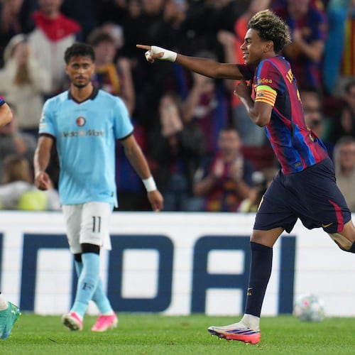 Barcelona's Lamine Yamal celebrates after scoring his side's fourth goal during the Champions League opening phase soccer between Barcelona and Feyenoord in Barcelona, Spain, Wednesday, Sept. 9, 2026.(AP Photo/Emilio Morenatti)