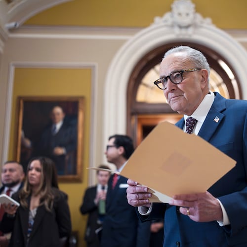 FILE—Senate Minority Leader Chuck Schumer, D-N.Y., waits to speak to reporters following a closed-door meeting with fellow Democrats on spending legislation that funds the Department of Homeland Security and a swath of other government agencies as the country reels from the deaths of two people at the hands of federal agents in Minneapolis, at the Capitol in Washington, Wednesday, Jan. 28, 2026. (AP Photo/J. Scott Applewhite, File)