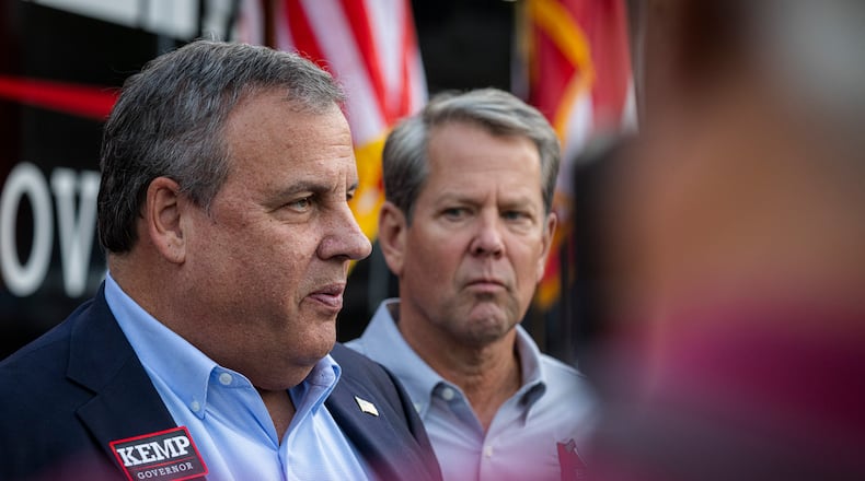 Former New Jersey Gov. Chris Christie, now a candidate for the GOP nomination for president, has close ties with Gov. Brian Kemp, right. "I was with Brian Kemp in 2018 when he ran the first time. I was with him in the primary in 2022 and obviously in the general election as well,” Christie said Tuesday during an appearance on "Politically Georgia" on WABE. “That’s the kind of Republican that can win in the state of Georgia.” (Audra Melton/The New York Times)