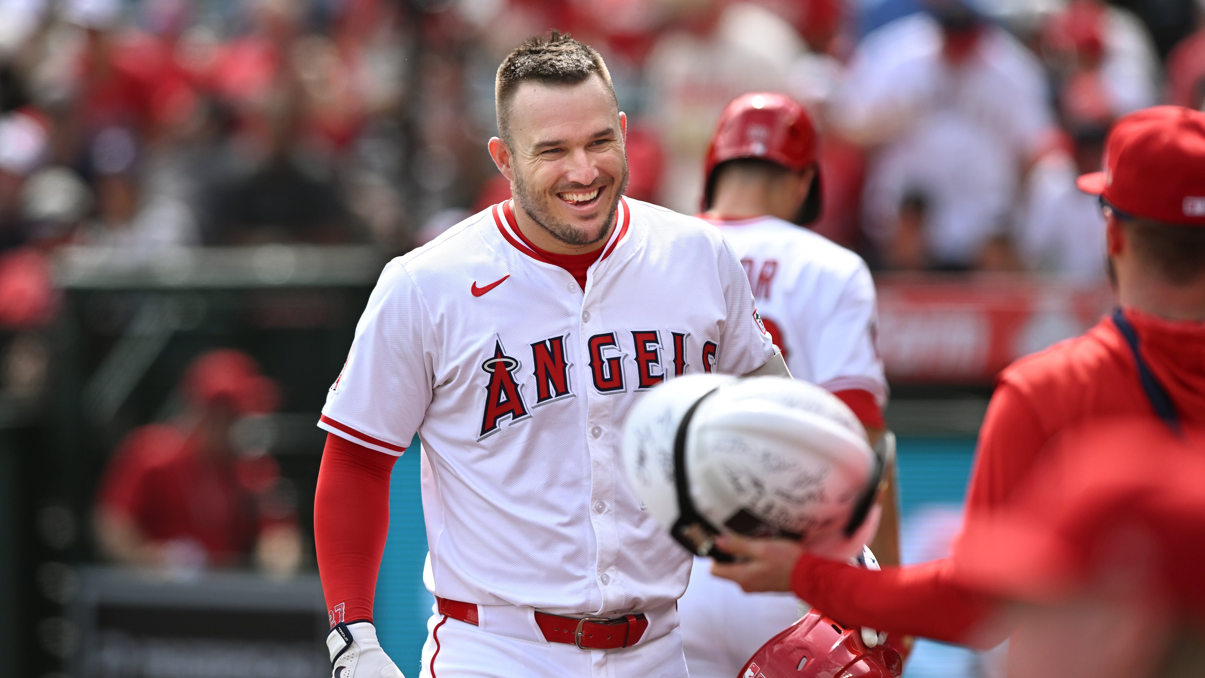 FILE - Los Angeles Angels' Mike Trout celebrates after his solo home run against the Houston Astros during the first inning of a baseball game, Sept. 28, 2025, in Anaheim, Calif. (AP Photo/Wally Skalij, File)