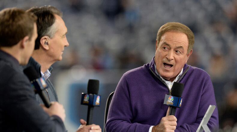 FILE - Al Michaels, right, and Cris Collinsworth, second from left, broadcast from the field before an NFL football game between the Tennessee Titans and the Indianapolis Coltsy, Dec. 30, 2018, in Nashville, Tenn. (AP Photo/Mark Zaleski, File)