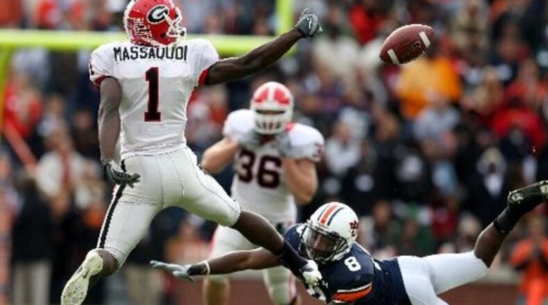 Mohamed Massaquoi can't reach back to grab a pass in the fourth quarter. Auburn's Jerraud Powers was called for a controversial pass interference call on the play, helping UGA continue its drive. The Bulldogs eventually scored a TD to take a 17-13 lead.
