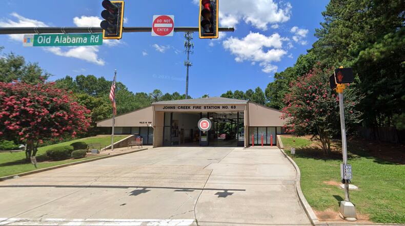 Johns Creek Fire Station 63 at 3165 Old Alabama Road will eventually be replaced with a new combined fire station #63/police south substation across the street adjacent to Newtown Park. (Google Maps)