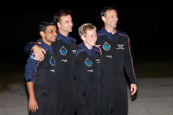 SpaceX Falcon 9 crew pose for a photo before departing for a launch to the International Space Station at the Kennedy Space Center in Cape Canaveral, Fla., Tuesday, June 24, 2025. (AP Photo/Terry Renna)