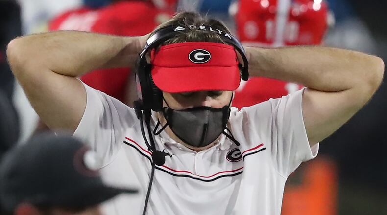 Georgia head coach Kirby Smart reacts on the sidelines after an incomplete pass in the fourth quarter.