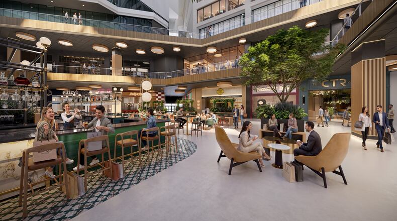 This is a rendering released in February 2026 of the interior of The Center, the redevelopment of the CNN Center in downtown Atlanta. The Center is slated to open in May. (Courtesy of CP Group)