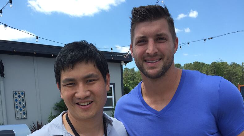 Posing with Tim Tebow on the set of "Home Free" in May, 2016 in Dallas, GA.