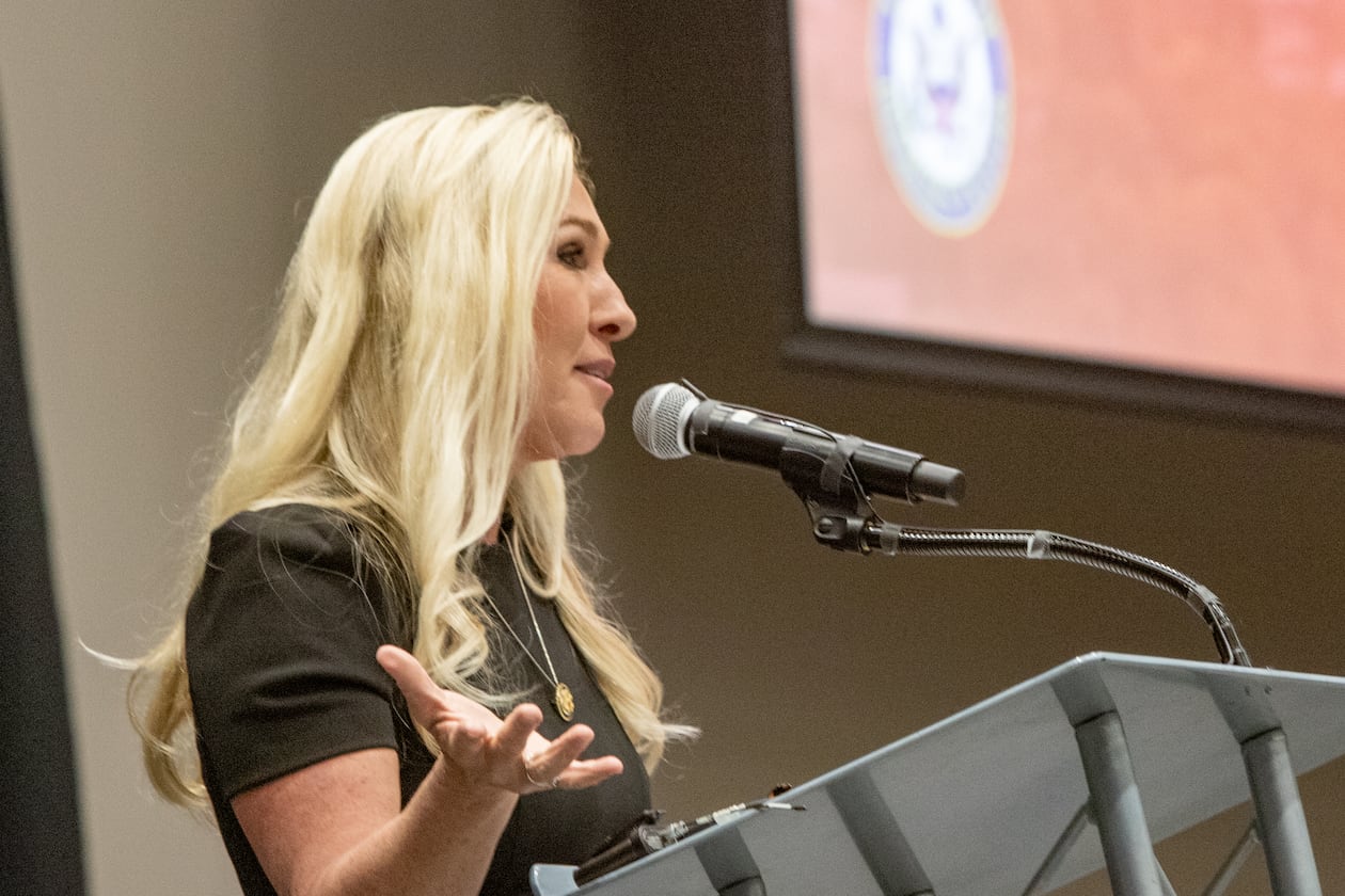 U.S. Rep. Marjorie Taylor Greene holds a town hall at the Acworth Community Center on Tuesday, April 15, 2025. (Jenni Girtman for the AJC)