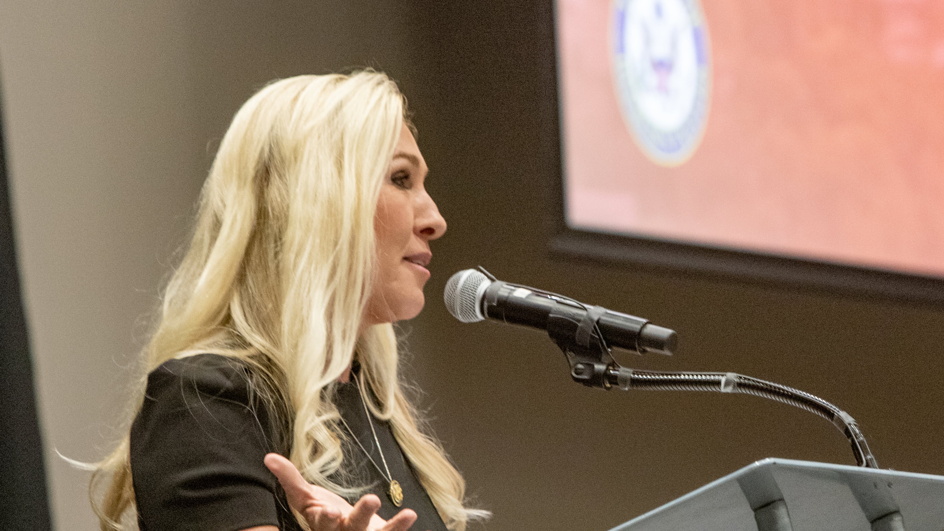 U.S. Rep. Marjorie Taylor Greene holds a town hall at the Acworth Community Center on Tuesday, April 15, 2025. (Jenni Girtman for the AJC)