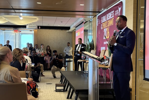 Atlanta Mayor Andre Dickens spoke to Atlanta and Spanish diplomats ahead of the Spain-Cape Verde match in Atlanta on June 15, 2026. (Zachary Hansen/AJC)