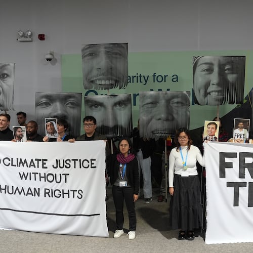 FILE - Demonstrators hold signs with images of environmental defenders during the COP29 U.N. Climate Summit, Nov. 20, 2024, in Baku, Azerbaijan. (AP Photo/Joshua A. Bickel, File)