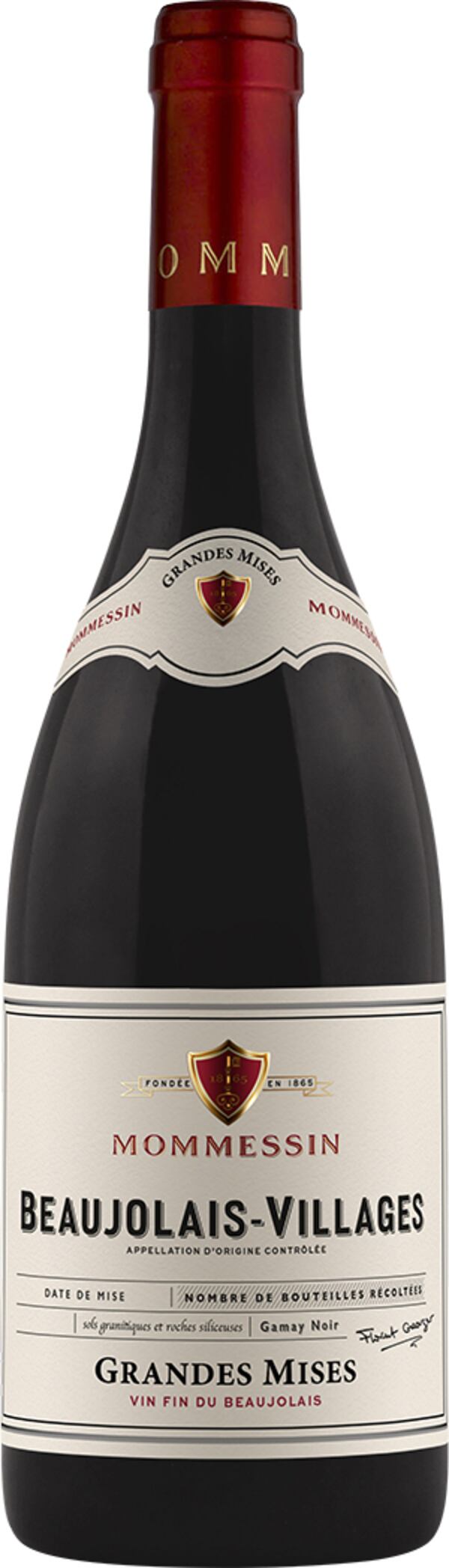 A stand-alone bottle of Mommessin Beaujolais Villages Grandes Mises.