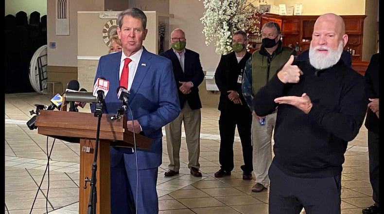 GAINESVILLE - Georgia Gov. Brian Kemp answers a reporter's question on Feb. 15, 2021 about the state's COVID-19 vaccination efforts after meeting with several area Hispanic business and community leaders on the topic and about vaccine hesitancy. ERIC STIRGUS/ESTIRGUS@AJC.COM.