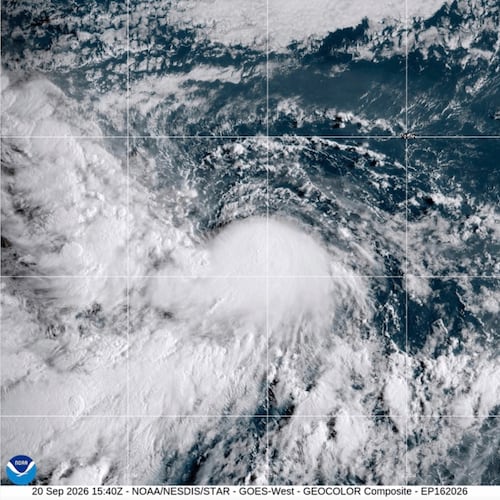 This satellite image from the National Oceanic and Atmospheric Administration shows Tropical Storm Odalys, Sunday, Sept. 20, 2026. (NOAA via AP)