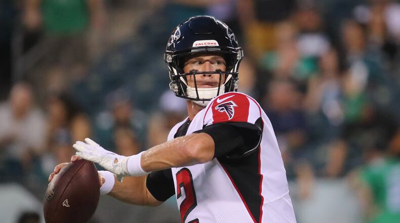 Matt Ryan warms up before the game against the Philadelphia Eagles at Lincoln Financial Field on September 6, 2018 in Philadelphia, Pennsylvania.
