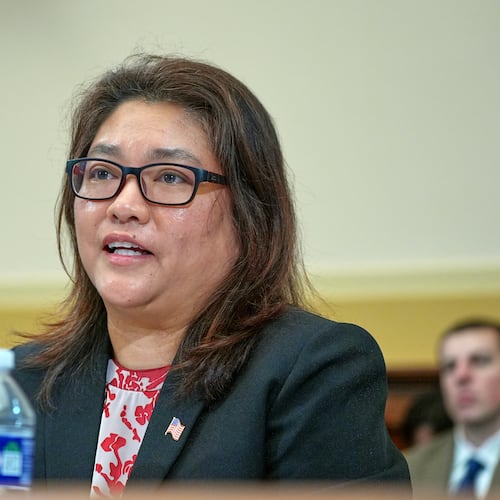 Sylvia Zin, wife of Min Zin, testifies during the House East Asia and Pacific Subcommittee hearing about detainees on Capitol Hill, Wednesday, Sept. 16, 2026, in Washington. (AP Photo/Mariam Zuhaib)