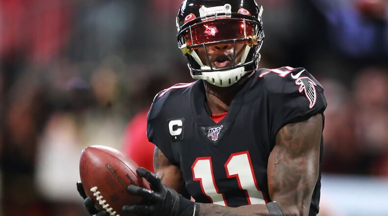 Atlanta Falcons wide receiver Julio Jones catches a pass while preparing to play the Tennessee Titans Sunday, Sept. 29, 2019, at Mercedes-Benz Stadium in Atlanta.